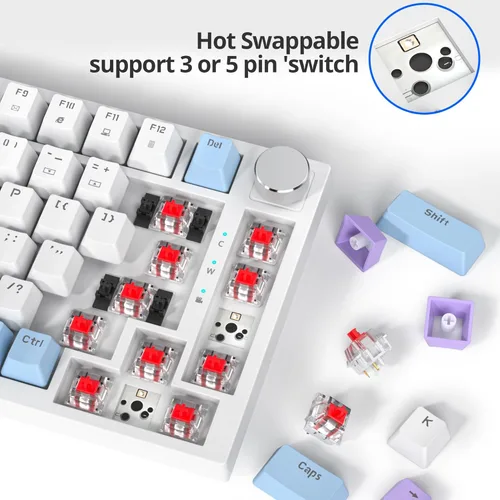 Miniatura 3 de Fogruaden Teclado para juegos con cable, 75 por ciento, intercambiable en caliente, teclado mecánico cremoso de montaje en junta con perilla