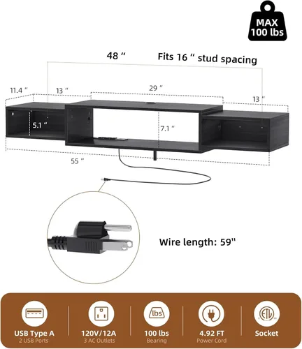Miniatura 5 de Soporte de TV flotante de 55 pulgadas con toma de corriente, estante de consola multimedia montado en la pared para televisores, centro