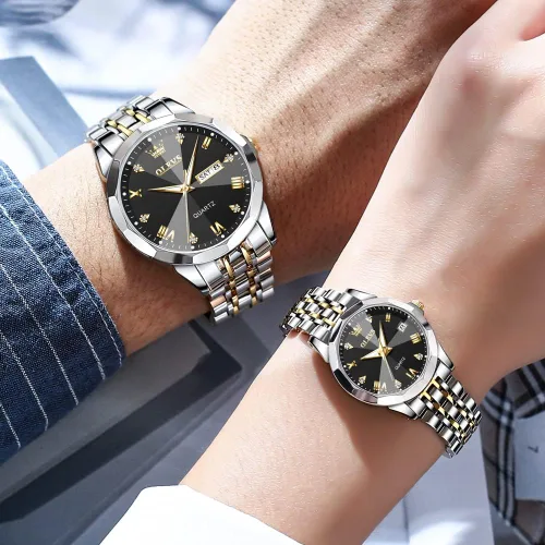 Miniatura 9 de OLEVS Reloj para parejas para él y ella, reloj analógico de cuarzo para hombres y mujeres, de acero inoxidable, impermeable, luminoso, fecha, reloj
