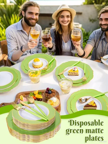 Miniatura 4 de WDF 150 platos verdes desechables, platos barrocos verdes y dorados, vajilla de plástico para 25 invitados, ideal para fiestas, primavera, picnic