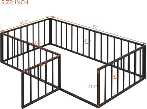 Miniatura 2 de Cama de suelo de tamaño individual para niños, camas Montessori con rieles y puerta, marco de cama de metal con valla para niños y niñas, color negro