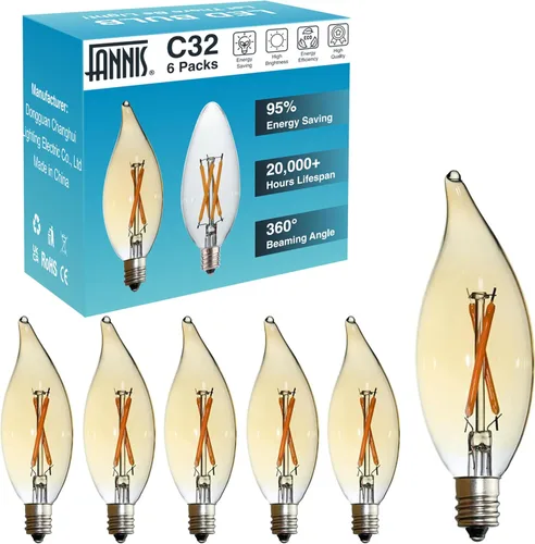 Paquete de 6 bombillas LED de punta de llama C32 de reemplazo, 2 W equivale a 20 W, foco Edison de filamento cálido 2200 K, bombilla de candelabro
