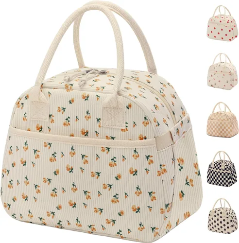 Miniatura 29 de Carry bloom Lonchera para mujer, lonchera aislada, bonita lonchera de pana reutilizable para el trabajo (1 rayas blancas y negras)