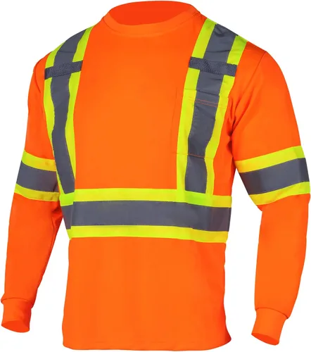 VENDACE Camiseta de trabajo de seguridad de alta visibilidad para hombre, ANSI Clase 2, camisa de manga larga reflectante con bolsillo (naranja, 2XL)