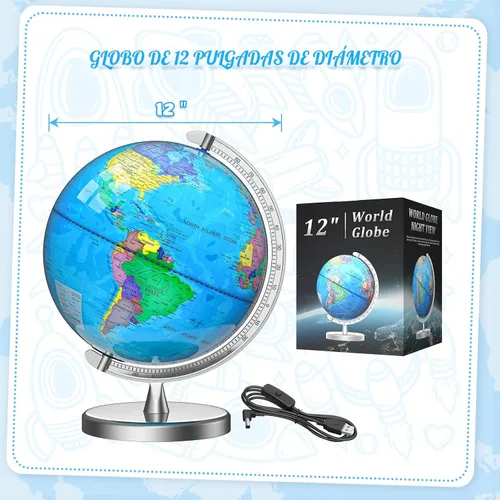 Miniatura 8 de Globo del mundo iluminado de 12 pulgadas para niños y adultos, lámpara de globo con mapa del mundo para niños, base estable de metal pesado, regalo