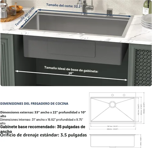 Miniatura 7 de Lordear - Fregadero de cocina encajado de 33 pulgadas con estación de trabajo, de 33 x 22 pulgadas, con una sola cubeta, de acero inoxidable