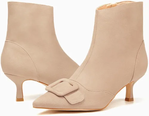 Miniatura 6 de Coutgo Botines de tacón de gatito para mujer, puntera puntiaguda, cremallera lateral, hebilla cuadrada, botines de invierno
