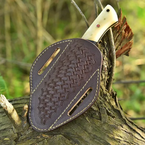 Miniatura 3 de Cuchillo de caza de acero de Damasco forjado a mano – Cuchillo de caza táctico EDC de hoja fija de 8 pulgadas para desollar y funda de cuero