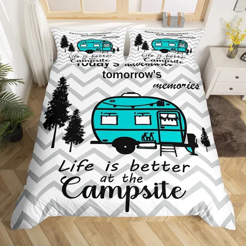 Miniatura 30 de Juego de funda de edredón con reglas de campamento, tamaño Queen para niños, funda de edredón rústica para campamento (sin edredón), funda de Multi