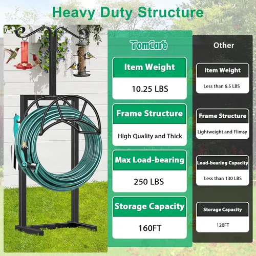 Miniatura 3 de TomCare Soporte de manguera de jardín desmontable de metal para manguera de agua con capacidad para mangueras de 150 pies, soporte para manguera