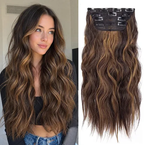 Miniatura 7 de 4 extensiones de cabello sintético con clip, extensiones de cabello rizado de 20 pulgadas de largo con clip (color: marrón medio)