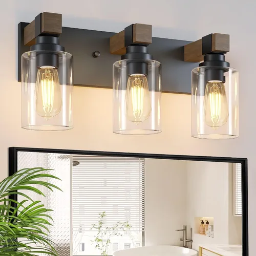 Accesorios de iluminación de baño de granja, luces de tocador rústicas de 3 luces en madera para baño, iluminación de apliques de pared vintage en