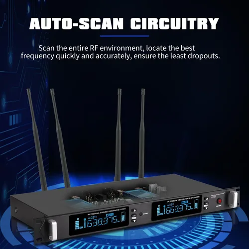 Miniatura 3 de Sistema de micrófono inalámbrico UHF profesional, micrófono de metal de 2 canales, juego de 2 micrófonos inalámbricos de mano, escaneo automático, 2