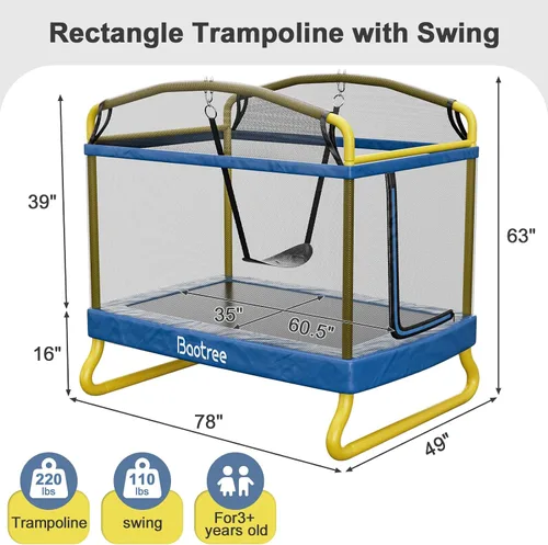 Miniatura 2 de Trampolín rectangular de 7.5 pies para niños, trampolines recreativos aprobados por ASTM de 78 pulgadas con columpio, trampolín pequeño para niños