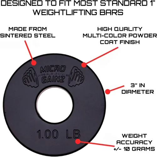 Miniatura 2 de Micro Gainz Placas de peso fraccionarias estándar de 1 pulgada con orificio central de 8 piezas con bolsa, diseñadas para mancuernas y barras