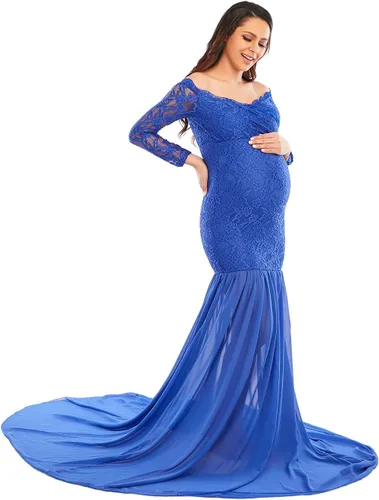 Miniatura 3 de ZIUMUDY Vestidos de maternidad de encaje con hombros descubiertos para sesión de fotos, vestido de fotografía envuelto de manga larga con cola larga