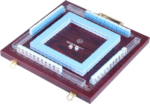 Miniatura 2 de Juego de mahjong chino en miniatura con mesa plegable 144 mini-azulejos, estuche y accesorios, juego de viaje (azul, 0.866 in)