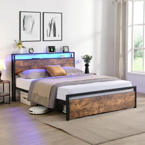 Miniatura 4 de HAUSHECK Base de cama LED de tamaño matrimonial con 2 cajones en ruedas, cabecera de almacenamiento, luces LED, puertos USB y tomacorrientes
