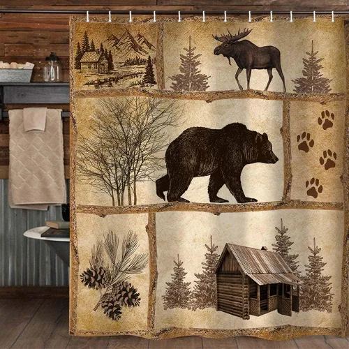 Juego de cortinas de ducha rústicas de cabina, cortina de baño estilo granja, diseño antiguo de osos y alces, decoración de bosque vintage de