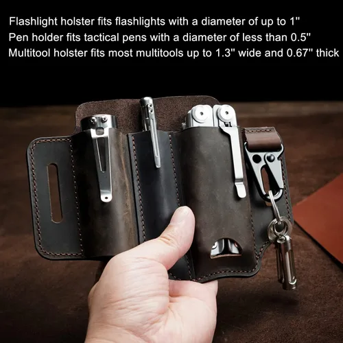 Miniatura 3 de VIPERADE PJ29 Funda multiherramienta para cinturón, organizador de bolsillo EDC de cuero para hombres, funda de cuero EDC, linterna y funda Marrón