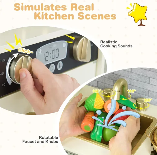 Miniatura 3 de Play Kitchen, juguete de cocina de madera para niños con microondas, nevera, horno fácil de hornear, pizarra y máquina de hielo, juguetes de cocina