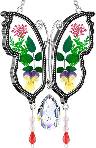 Miniatura 15 de KY&BOSAM Atrapasoles de mariposa con texto en inglés "I Love You Sister" para ventanas con flores secas y prensadas reales, dije de corazón grabado