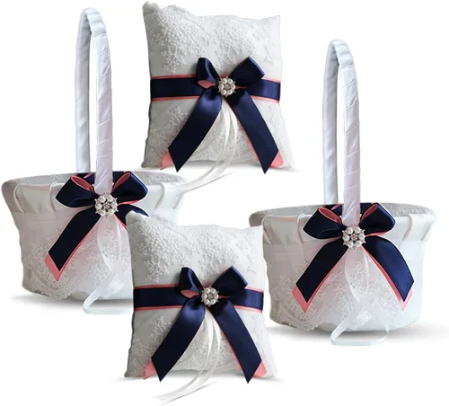 Juego de almohada y cesta de anillo de marfil | Colección de encaje | niña de flores y cesta de bienvenida para invitados, cestas de boda hechas a