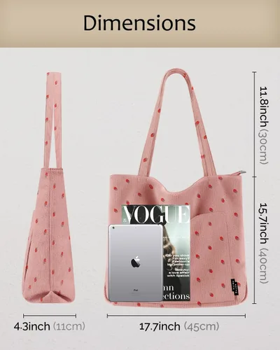 Miniatura 4 de Prite Bolsa de pana para mujer, bolsa de hombro grande con cremallera y bolsillos para la universidad, trabajo, viajes, compras