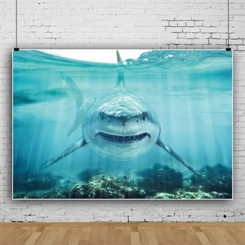 Miniatura 3 de Haoyiyi Fondo de tiburón submarino de 7 x 5 pies, fondo marino profundo bajo el mar, gran tiburón blanco, acuario, fotografía de fondo para bebé