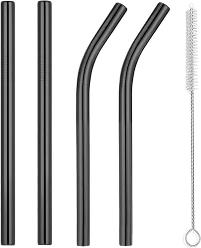 Vinaco Pajitas Reutilizables de Boca Ancha - 8.5" y 10.5" Acero Inoxidable, Juego de 4 con Cepillo Limpiador, Pajitas de Metal Negro para Bebidas
