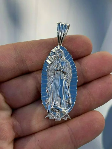 Miniatura 2 de Harlembling Solid 925 Sterling Silver - Men's Virgin Mary Pendant - Iced Nuestra Señora de Guadalupe