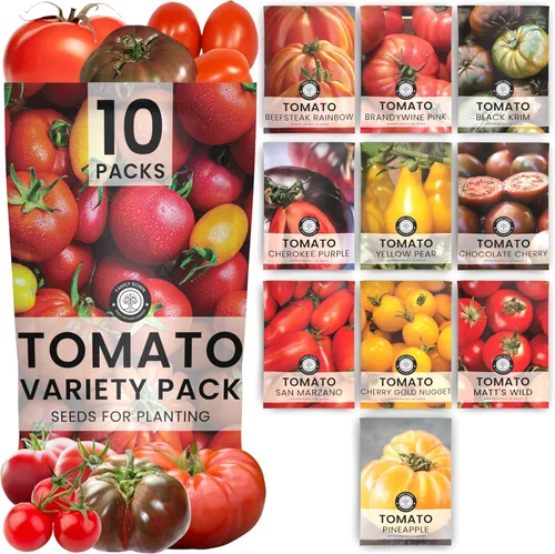 Tomato Seeds | 10 Packs Individuales | Temporada 2025 | Sin transgénicos | Roma, Brandywine, Cherry y más! | para plantar en interior y exterior |