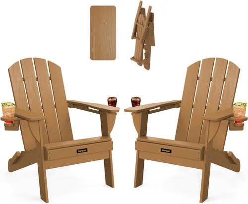 Miniatura 12 de Silla Adirondack Plegable, Sillas Adirondack de Plástico con Textura de Madera con 2 Portavasos, Silla para Hoguera de HDPE Resistente a