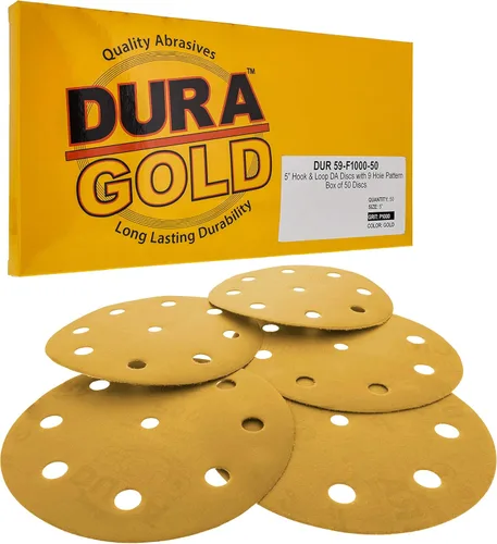 Miniatura 11 de Dura-Gold Discos de lijado dorados de 5 pulgadas de alta calidad, grano 320 (caja de 50), papel de lija de 9 agujeros sin polvo con gancho y bucle