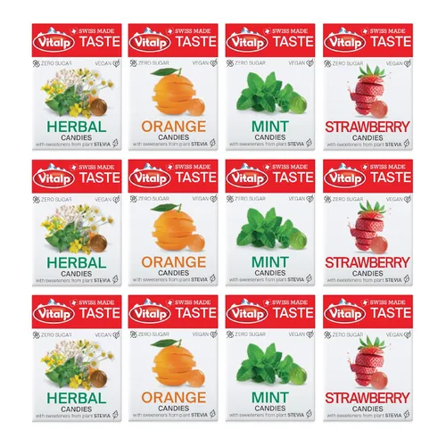 Miniatura 21 de Vitalp Taste, hecho en Suiza, caramelo duro sin azúcar con Stevia, vegano, sabor a caramelo cremoso, paquetes de 25g/0.88 onzas, 16 cajas