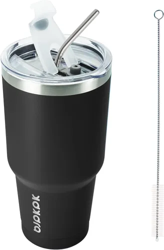 BJPKPK - Vaso de 30 onzas de acero inoxidable con tapa y pajilla, taza de café para viaje con aislamiento térmico, reutilizable, color negro
