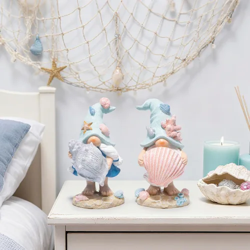Miniatura 5 de Hodao Figuras de gnomos del océano costero – Gnomos de playa de resina pintados a mano con sombreros de conchas y estrellas de mar, decoraciones