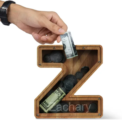 Miniatura 3 de Alcancía con nombre personalizado, 26 letras láser con texto personalizado, banco de monedas de madera, significado educativo, alcancía con nombre