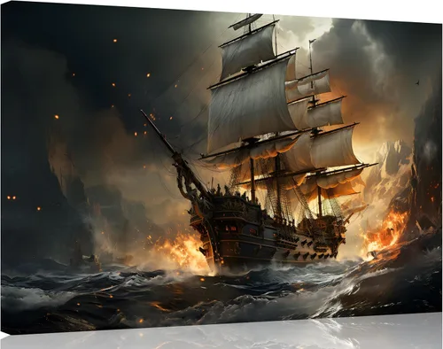 Miniatura 12 de TutuBeer 3 Piezas Arte de Pared Batalla Naval Barco Imagen Barco Pirata Velero Póster Barco Pirata Azul en Llamas Imagen Impresa en Lienzo Póster