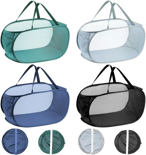 Miniatura 8 de 2 cestas de malla para la ropa sucia, canastas plegables para la ropa sucia, 75 L, cesta de almacenamiento horizontal con bolsillo lateral y asa