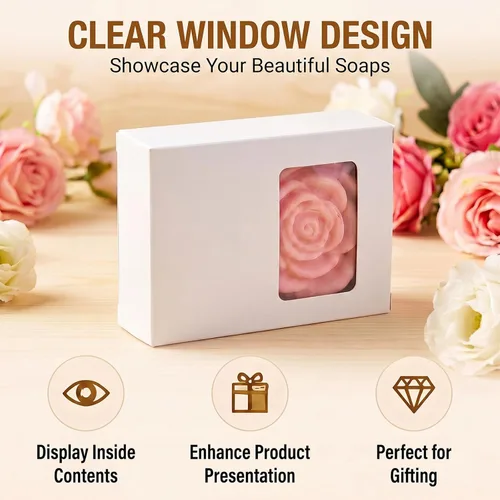 Miniatura 3 de Spakon 30 cajas de jabón de papel kraft blanco con ventana, 3.5 x 2.6 x 1.2 pulgadas, se adapta a hasta 4 jabones hechos a mano, caja de regalo