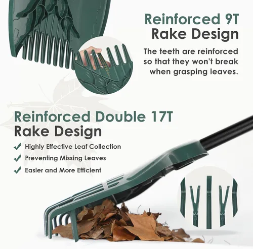 Miniatura 3 de ORIENTOOLS Juego de Rastrillo de Jardín de Fila Doble con 17 Dientes y Rastrillo de Mano de 9 Dientes para Hojas, Contenedor de 272L para Hojas