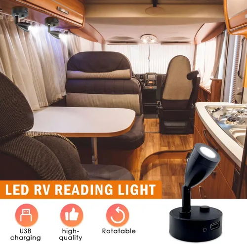Miniatura 6 de 2PCS Focos LED RV de 12V - 24V Tamaño Pequeño Luz de Lectura con Puerto de Carga USB Foco Giratorio 360° Cualquier Toque Regulable 3500K Luz Cálida