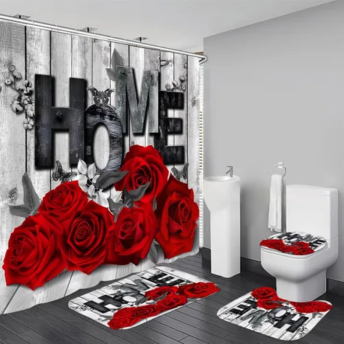 Miniatura 6 de Yddsky Juego de 4 cortinas de ducha con diseño de rosas rosadas para San Valentín, alfombras antideslizantes, tapete en forma de U, decoración