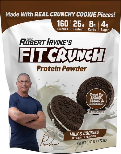 FITCRUNCH - Proteína de suero de tres mezclas, apta para dieta cetogénica, baja en calorías, alta en proteínas (18 porciones, leche y galletas)
