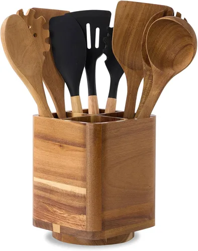 Miniatura 8 de Soporte para utensilios de madera de acacia para encimera de cocina, giratorio de 360° de 7.2 pulgadas, recipiente de madera para utensilios