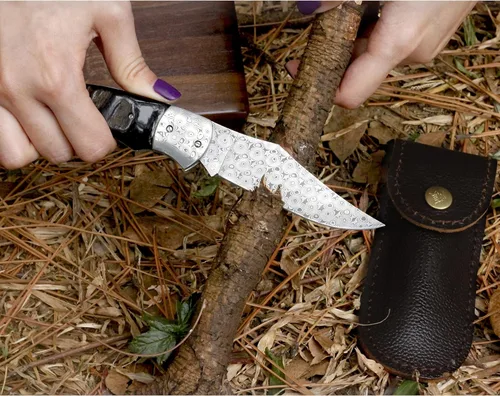 Miniatura 8 de YOUSUNLONG Navaja de bolsillo – Cuchillo plegable – Total 8.071 in – Hoja de acero de Damasco japonés – Mango de cuerno de búfalo negro natural