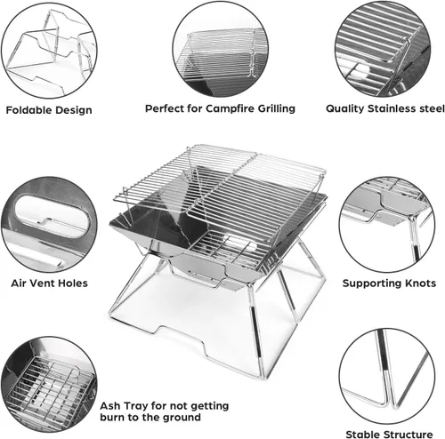 Miniatura 5 de Odoland Parrilla plegable para fogata, parrilla de acero inoxidable 304, parrilla de camping portátil con patas para pícnics, mochileros, al aire
