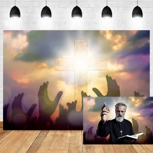 Telón de fondo de fotografía de cruz de luz santa de Jesús, cielo azul, nubes blancas, mano de Dios, haz de luz sagrada, fondo de Jesús cristiano,