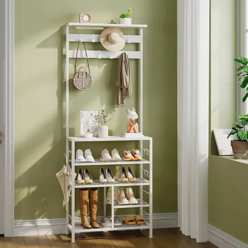 Miniatura 3 de GiftGo Estante de madera moderno de 5 niveles con 9 ganchos de metal movibles, organizador de almacenamiento para el hogar, oficina, dormitorio
